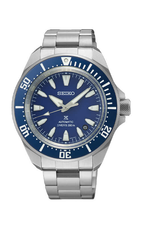 Seiko watch with blue dial and silver bracelet on a white background

Seiko Prospex "Samurai" Diver's SRPL51K1 Bandiera Jewellers