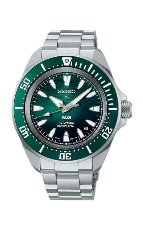 Seiko watch with green dial and silver metal bracelet on a white background

Seiko Prospex PADI Special Edition SRPL53K1  Bandiera Jewellers
