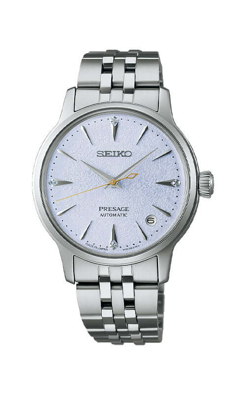 Seiko Presage watch with silver metal bracelet on a white background

Seiko Presage "Cocktail Time" with Diamonds SRPL61J1 Bandiera Jewellers