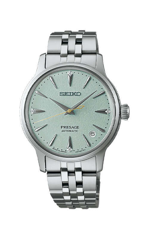 Seiko Presage watch with silver metal bracelet on a white background

Seiko Presage "Cocktail Time" with Diamonds SRPL63J1 Bandiera Jewellers