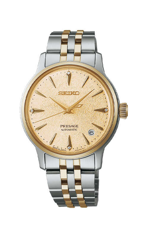 Seiko Presage watch with two-tone metal strap on a white background

Seiko Presage "Cocktail Time" with Diamonds SRPL64J1 Bandiera Jewellers