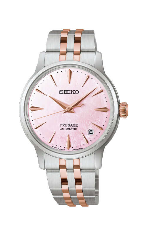 Seiko watch with pink dial and rose gold accents on a white background

Seiko Presage Cocktail Time LTD SRPM06J1 Bandiera Jewellers