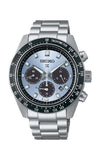 Silver Seiko watch with a detailed face on a white background

Seiko Prospex Speedtimer Solar Chronograph SSC935P1 Bandiera Jewellers
