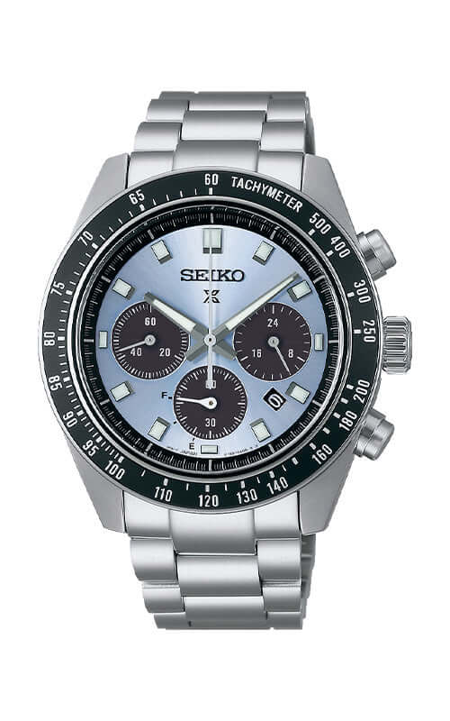 Silver Seiko watch with a detailed face on a white background

Seiko Prospex Speedtimer Solar Chronograph SSC935P1 Bandiera Jewellers