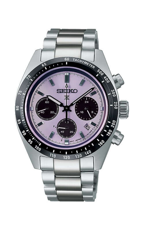 Silver Seiko watch with a purple face on a white background

Seiko Prospex LTD Speedtimer Watch SSC955P1 Bandiera Jewellers