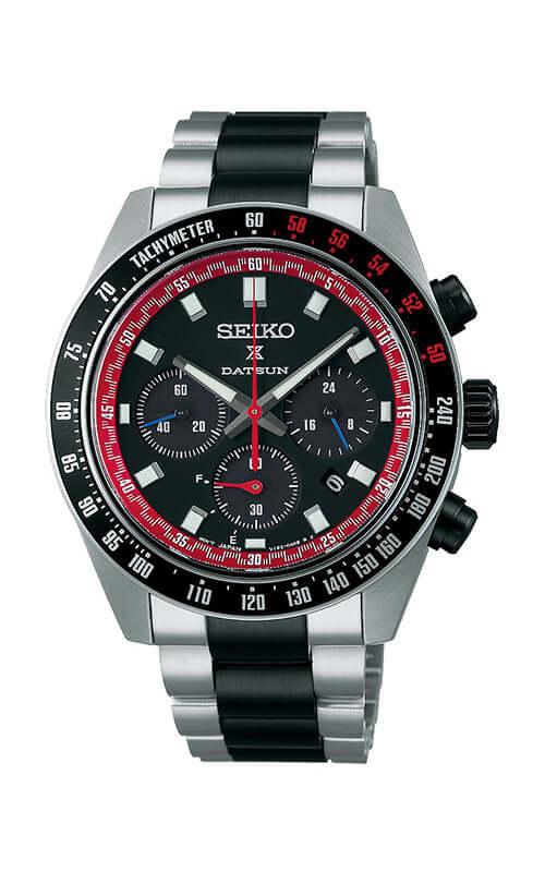 Seiko watch with black and red face on a white background

Seiko Prospex Speedtimer DATSUN 204Z LTD Watch SSC957P1 Bandiera Jewellers