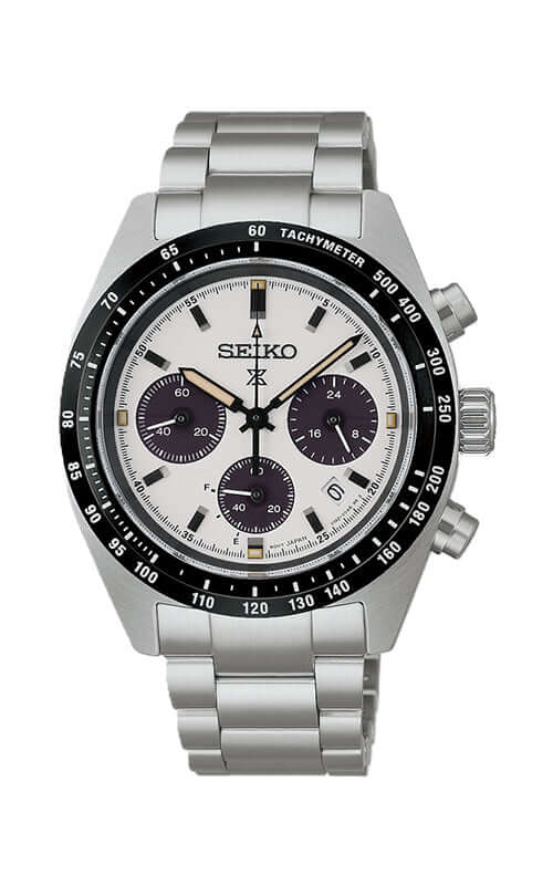 Seiko watch with silver bracelet and black dial on a white background

Seiko Prospex Speedtimer Watch SSC961P1 | Bandiera Jewellers