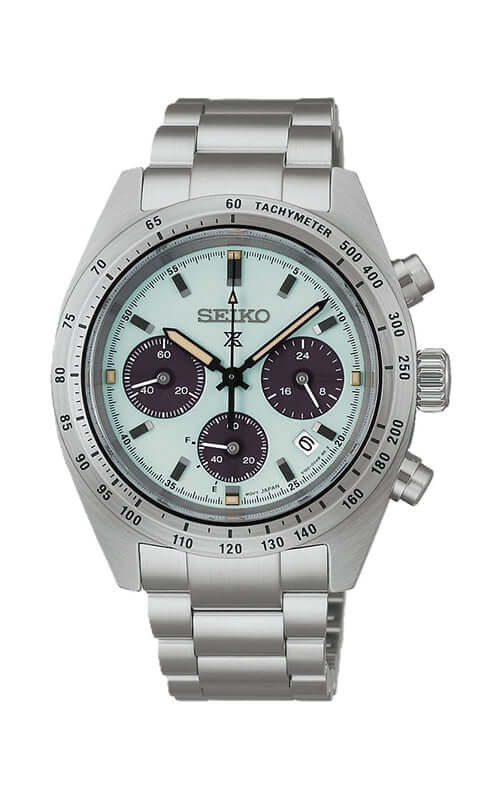 Silver Seiko watch with a detailed face on a white background

Seiko Prospex Speedtimer Watch SSC965P1 | Bandiera Jewellers