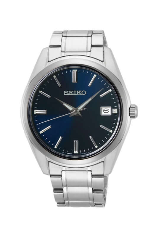 Seiko watch with blue dial and silver metal strap on a white background

Seiko Classic SUR309P1 Bandiera Jewellers