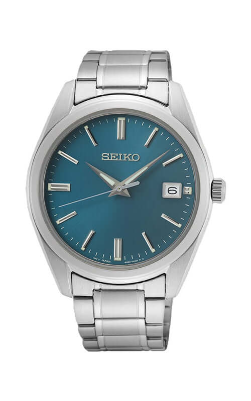 Seiko watch with blue dial and silver metal strap on a white background

Seiko SUR525P1 Bandiera Jewellers