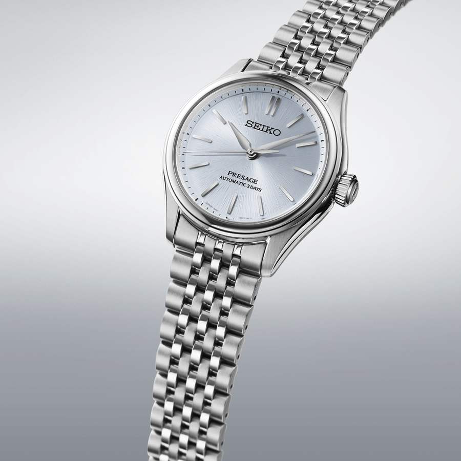 Silver Seiko watch with a white face on a white background

Seiko Presage Classic Series SPB521J1 Bandiera Jewellers