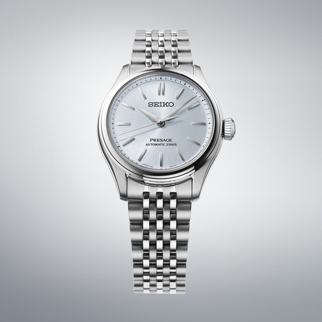 Silver Seiko watch on a gray background

Seiko Presage Classic Series SPB521J1 Bandiera Jewellers
