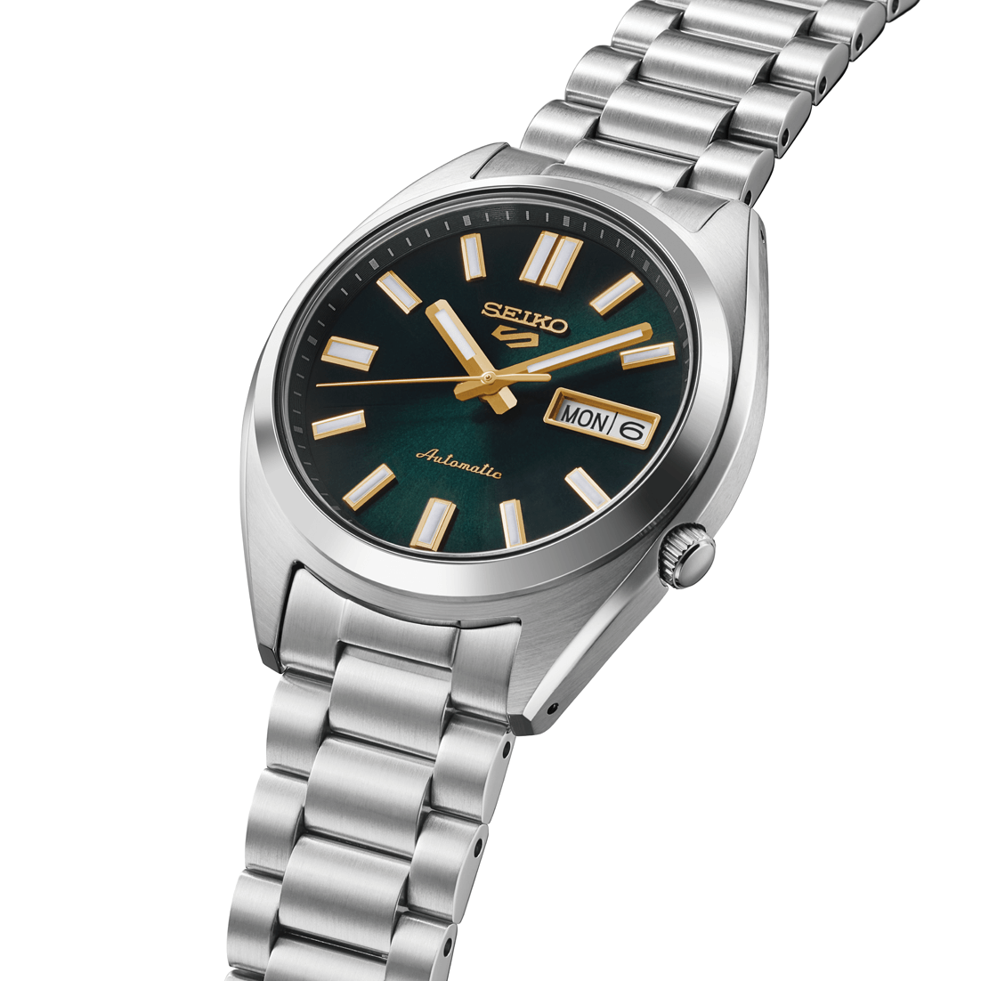 Seiko watch with silver bracelet and green dial on a white background

Seiko 5 Sports SNXS Series SRPL57K1J Bandiera Jewellers