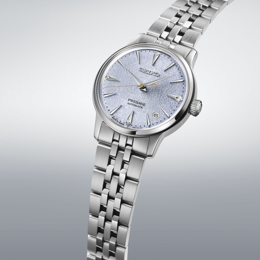 Seiko Presage watch with silver metal bracelet on a white background

Seiko Presage "Cocktail Time" with Diamonds SRPL61J1 Bandiera Jewellers