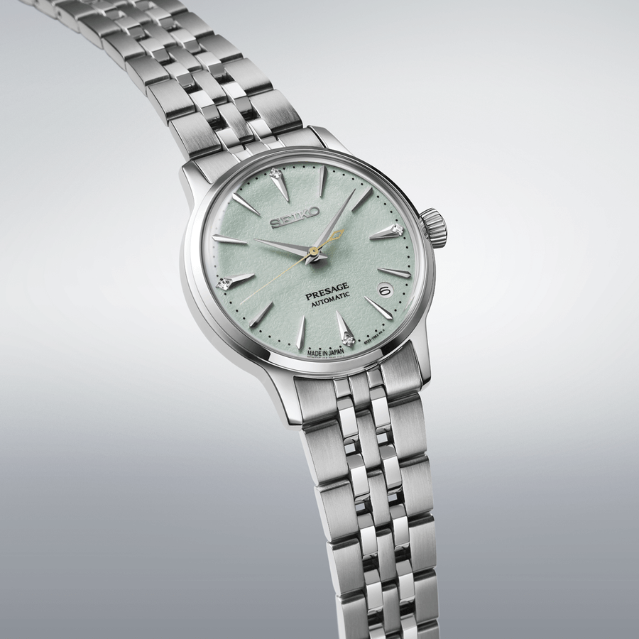 Seiko Presage watch with silver metal bracelet on a white background

Seiko Presage "Cocktail Time" with Diamonds SRPL63J1 Bandiera Jewellers