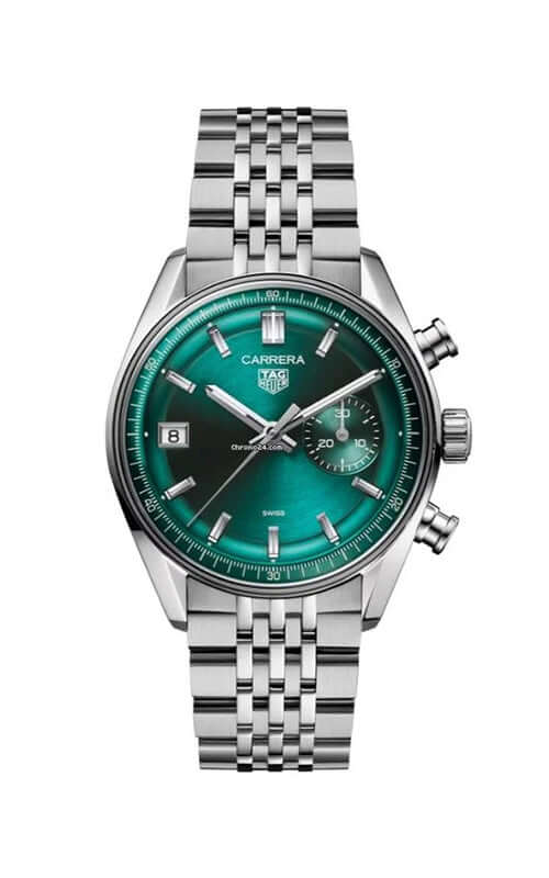 Silver watch with green face on a white background

TAG Heuer Carrera Chronograph CBS2211.BA0048 Bandiera Jewellers