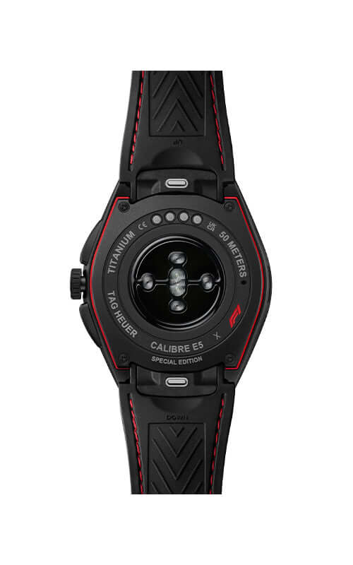 Black and red watch with visible brand logo on a white background

TAG Heuer Connected Calibre E5 x Formula 1® Edition SBT8A85.EB0417 Bandiera Jewellers