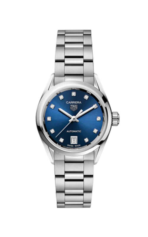 Silver watch with blue dial on a white background

TAG Heuer Carrera Date WBN2413.BA0621 Bandiera Jewellers