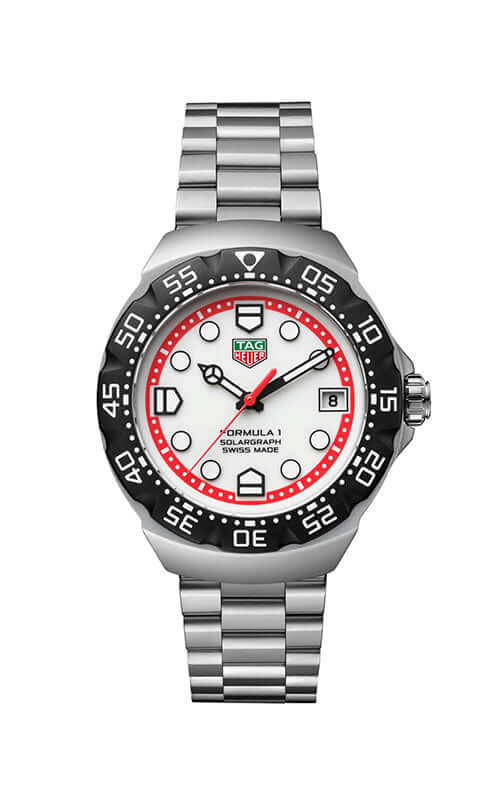 Silver watch with a red and white face on a white background

TAG Heuer Formula 1  Solargraph WBY1111.BA0042 Bandiera Jewellers