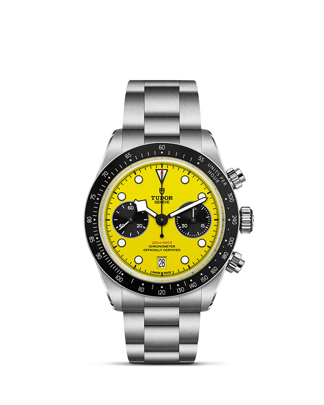 Tudor watch with a yellow face and silver case on a white background

TUDOR Black Bay Chrono 39 M79310N-0001 Bandiera Jewellers