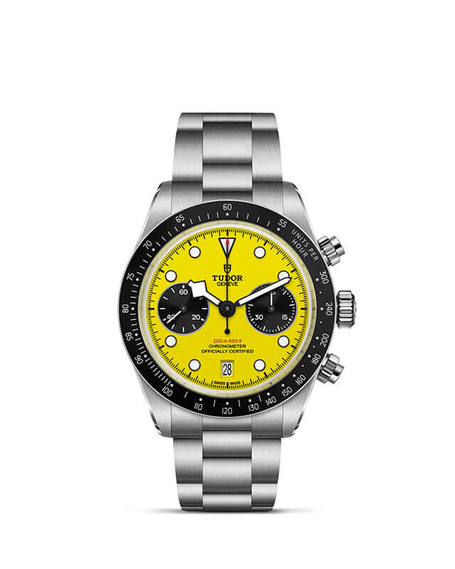 Tudor watch with a yellow face and silver case on a white background

TUDOR Black Bay Chrono 39 M79310N-0001 Bandiera Jewellers