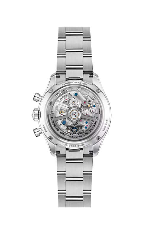 Silver watch with a detailed face on a white background

Zenith Chronomaster Sport 03.3130.3600/01.M3130 Bandiera Jewellers