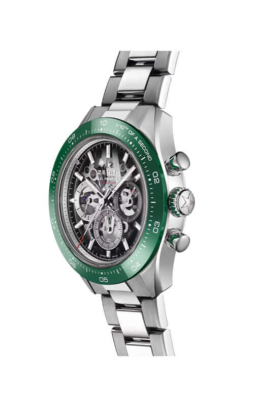 Silver and green watch with detailed face on a white background

Zenith Chronomaster Sport 03.3131.3600/01.M3130 Bandiera Jewellers