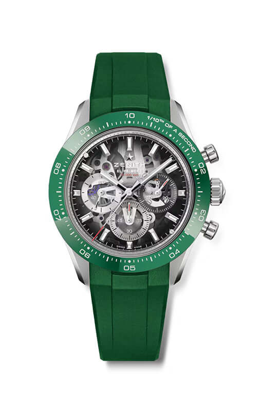 Green watch with a detailed face on a white background

Zenith Chronomaster Sport 03.3131.3600/01.M3130 Bandiera Jewellers