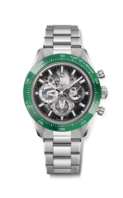 Watch with green bezel and silver bracelet on a white background

Zenith Chronomaster Sport 03.3131.3600/01.M3130 Bandiera Jewellers