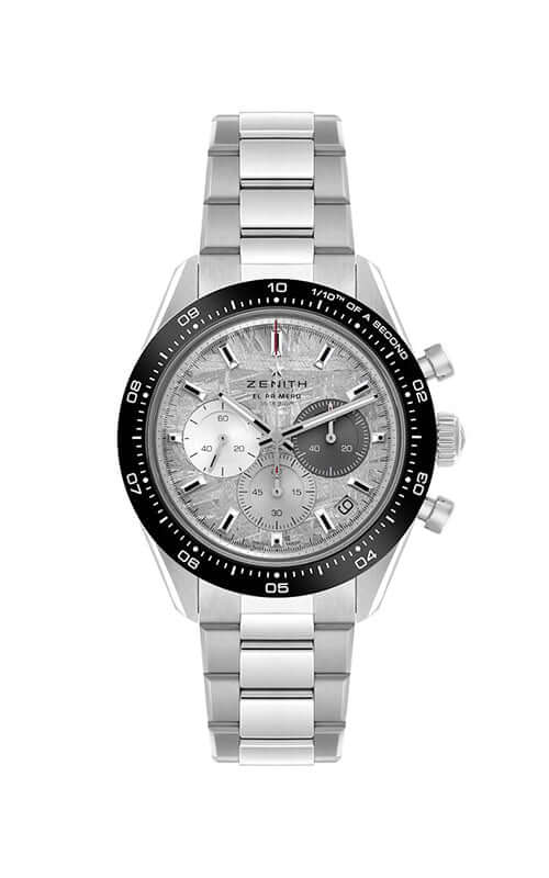 Silver watch with black bezel on a white background

Zenith Chronomaster Sport 03.3120.3600/76.M3100 Bandiera Jewellers