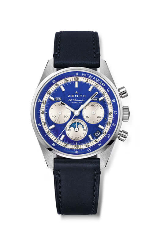 Luxury watch with blue face and black strap on a white background

Zenith El Primero Chronomaster Original Lapis Lazuli 03.3400.3610/51.C910 Bandiera Jewellers