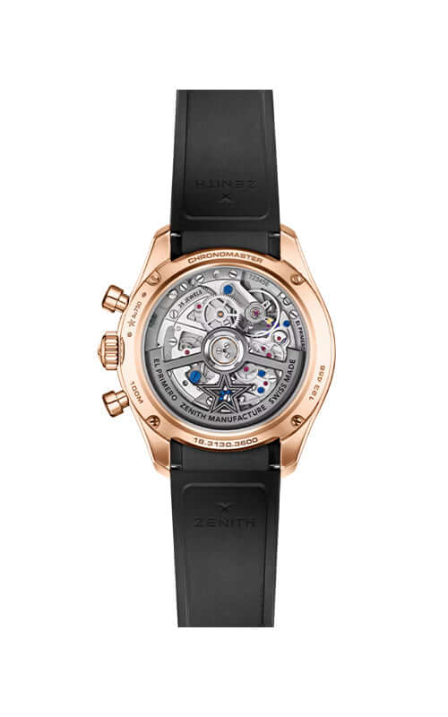 Luxury watch with black strap and rose gold case on a white background

Zenith Chronomaster Sport 18.3130.3600/01.R951 Bandiera Jewellers