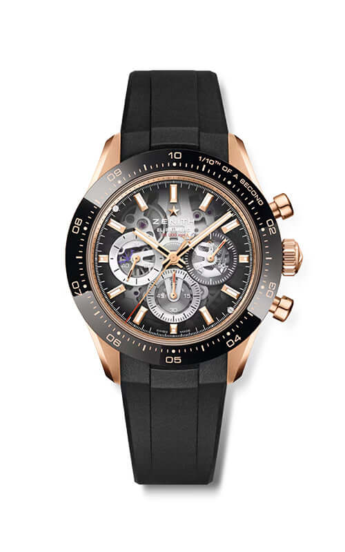 Luxury watch with black strap and rose gold accents on a white background

Zenith Chronomaster Sport 18.3130.3600/01.R951 Bandiera Jewellers