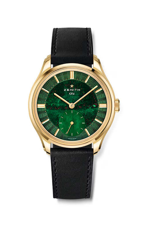 Gold watch with green face and black leather strap on white background

Zenith G.F.J. CALIBRE 135 30.1865.0135/56.C216 Bandiera Jewellers