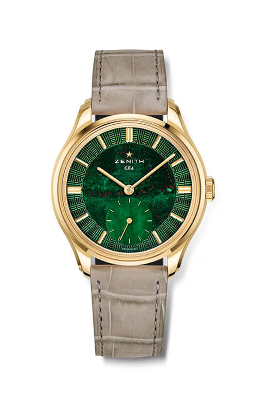 Luxury watch with green face and gold case on a white background

Zenith G.F.J. CALIBRE 135 30.1865.0135/56.C216 Bandiera Jewellers