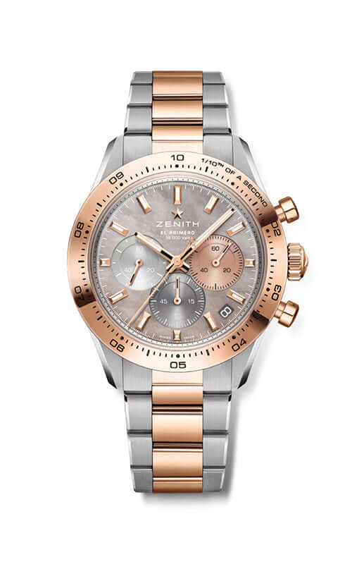 Luxury watch with rose gold and silver design on a white background

Zenith Chronomaster Sport 51.3102.3600/01.M3100 Bandiera Jewellers