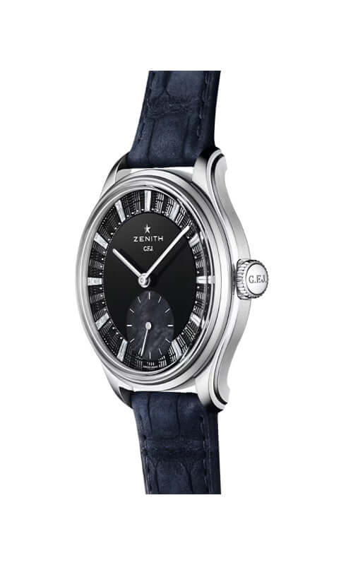 Zenith watch with black face and blue strap on a white background

Zenith G.F.J. CALIBRE 135 98.1865.0135/21.C212 Bandiera Jewellers