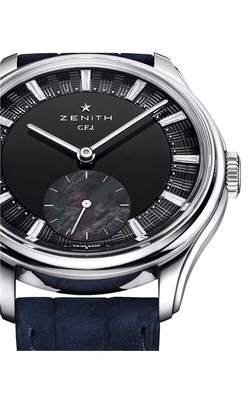 Zenith watch with black face and blue leather strap on a white background

Zenith G.F.J. CALIBRE 135 98.1865.0135/21.C212 Bandiera Jewellers