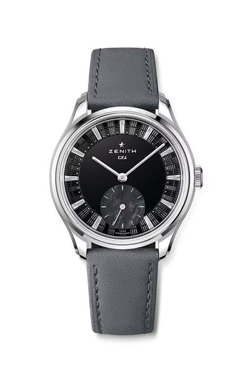 Zenith watch with black face and gray leather strap on a white background

Zenith G.F.J. CALIBRE 135 98.1865.0135/21.C212 Bandiera Jewellers