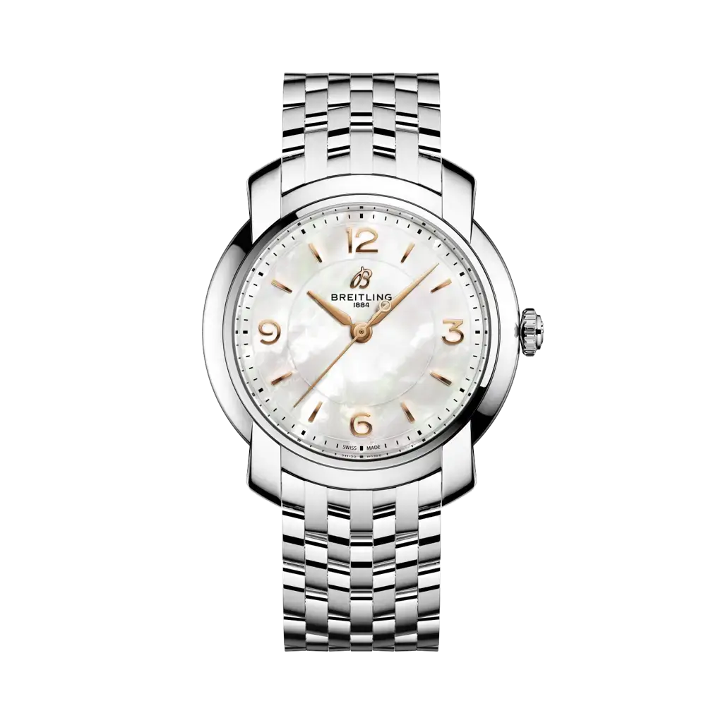 Silver Breitling watch with a white face on a white background

Breitling Lady Premier 32 A77330121A2 Bandiera Jewellers