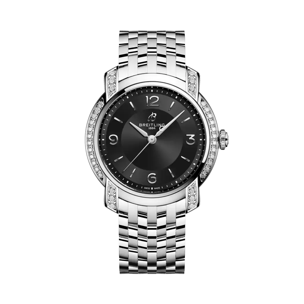 Luxury Breitling watch with black dial and silver bracelet on a white background

Breitling Lady Premier 32 A77330671B1A1 Bandiera Jewellers