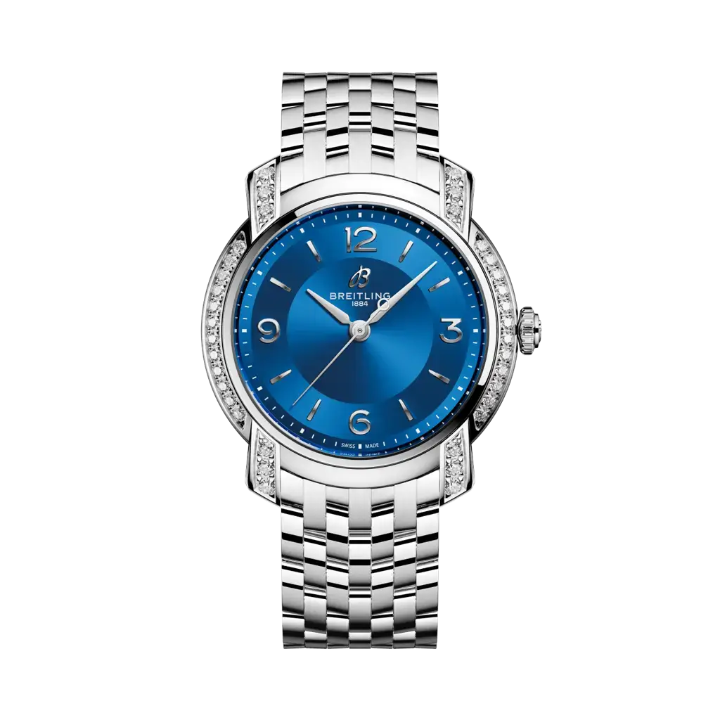 Silver watch with a blue face on a white background

Breitling Lady Premier 32 A77330671C1A1 Bandiera Jewellers