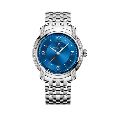 Silver watch with a blue face on a white background

Breitling Lady Premier 32 A77330671C1A1 Bandiera Jewellers