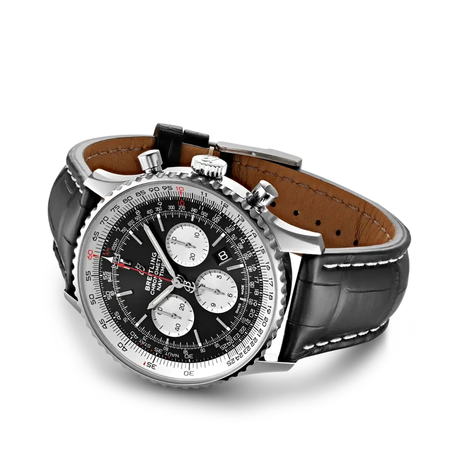 A Breitling chronograph watch with a black dial, silver-tone case, and a black leather strap with white stitching, shown on a clean white background.