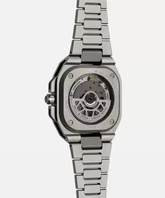Silver watch with a detailed mechanical movement on a white background

Bell & Ross BR-X5 Black Titanium BRX5R-BL-TI/STI Bandiera Jewellers