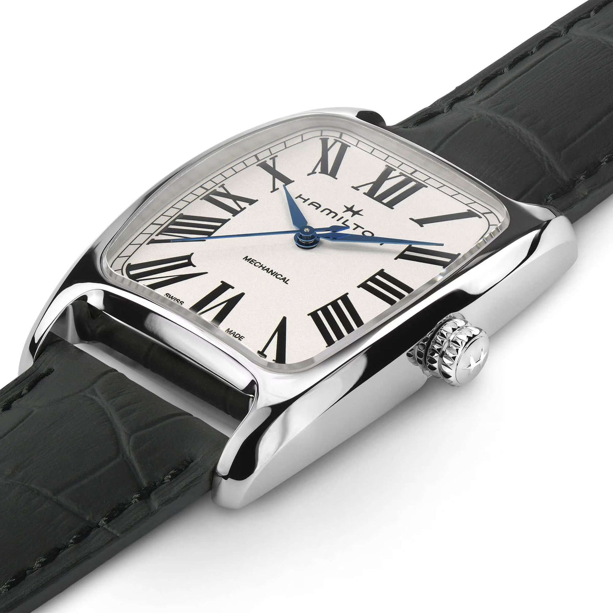 Silver wristwatch with black strap and white face displaying Roman numerals on a white background

Hamilton American Classic Boulton Mechanical H13519711 Bandiera Jewellers