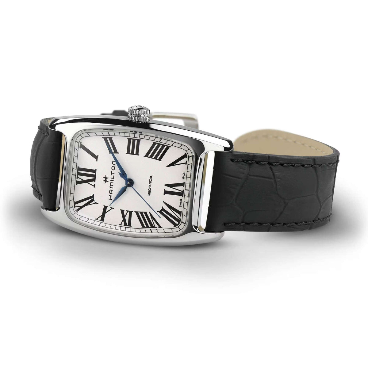 Hamilton watch with black leather strap on a white background

Hamilton American Classic Boulton Mechanical H13519711 Bandiera Jewellers