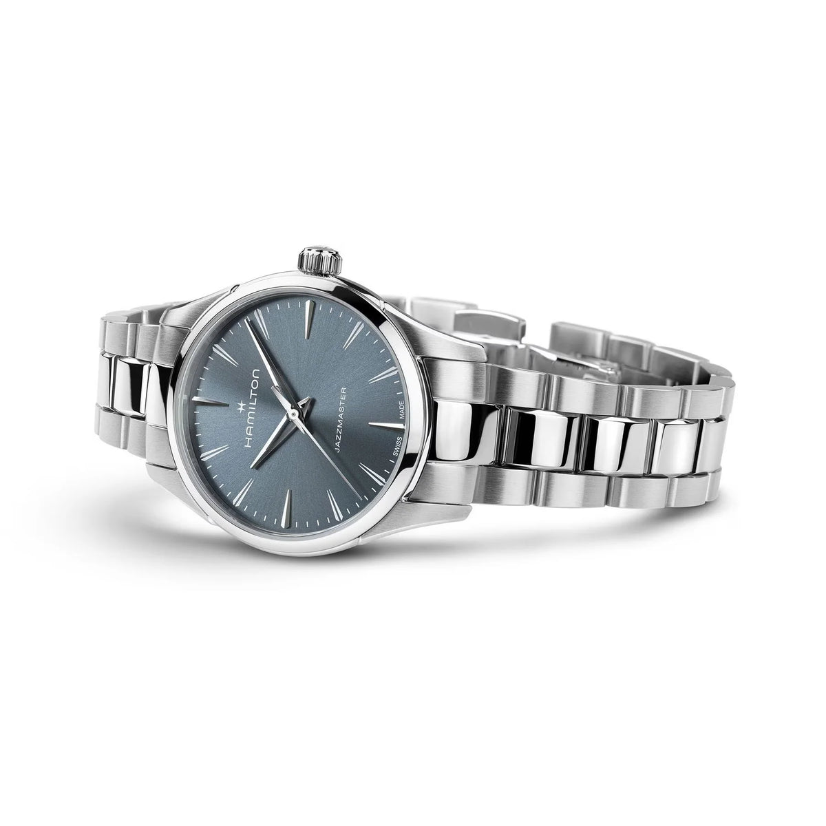Silver watch with a blue face on a white background

Hamilton Jazzmaster Quartz 32mm H32301141 Bandiera Jewellers