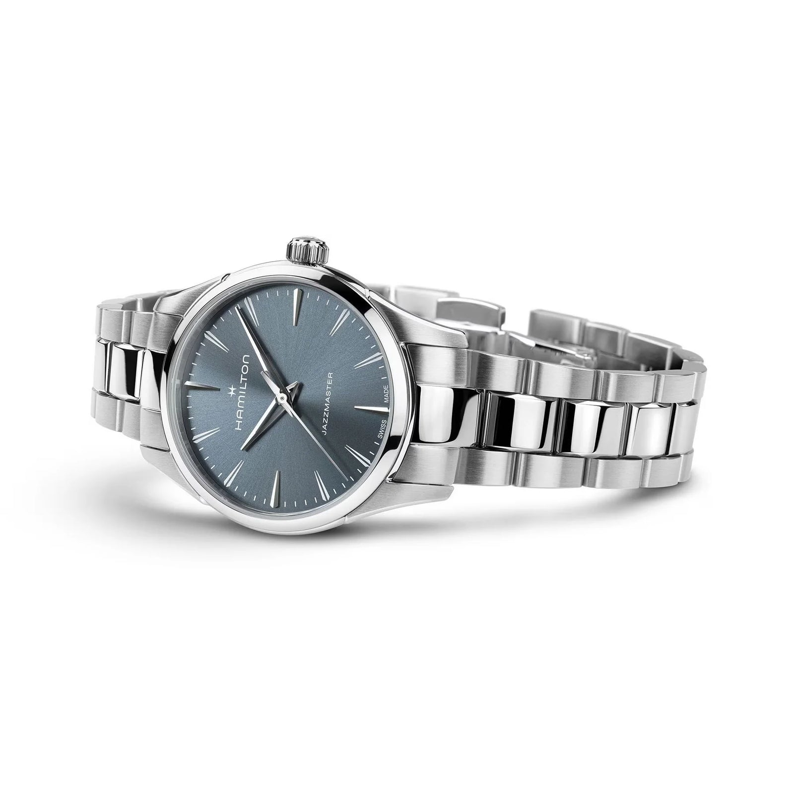 Silver watch with a blue face on a white background

Hamilton Jazzmaster Quartz 32mm H32301141 Bandiera Jewellers