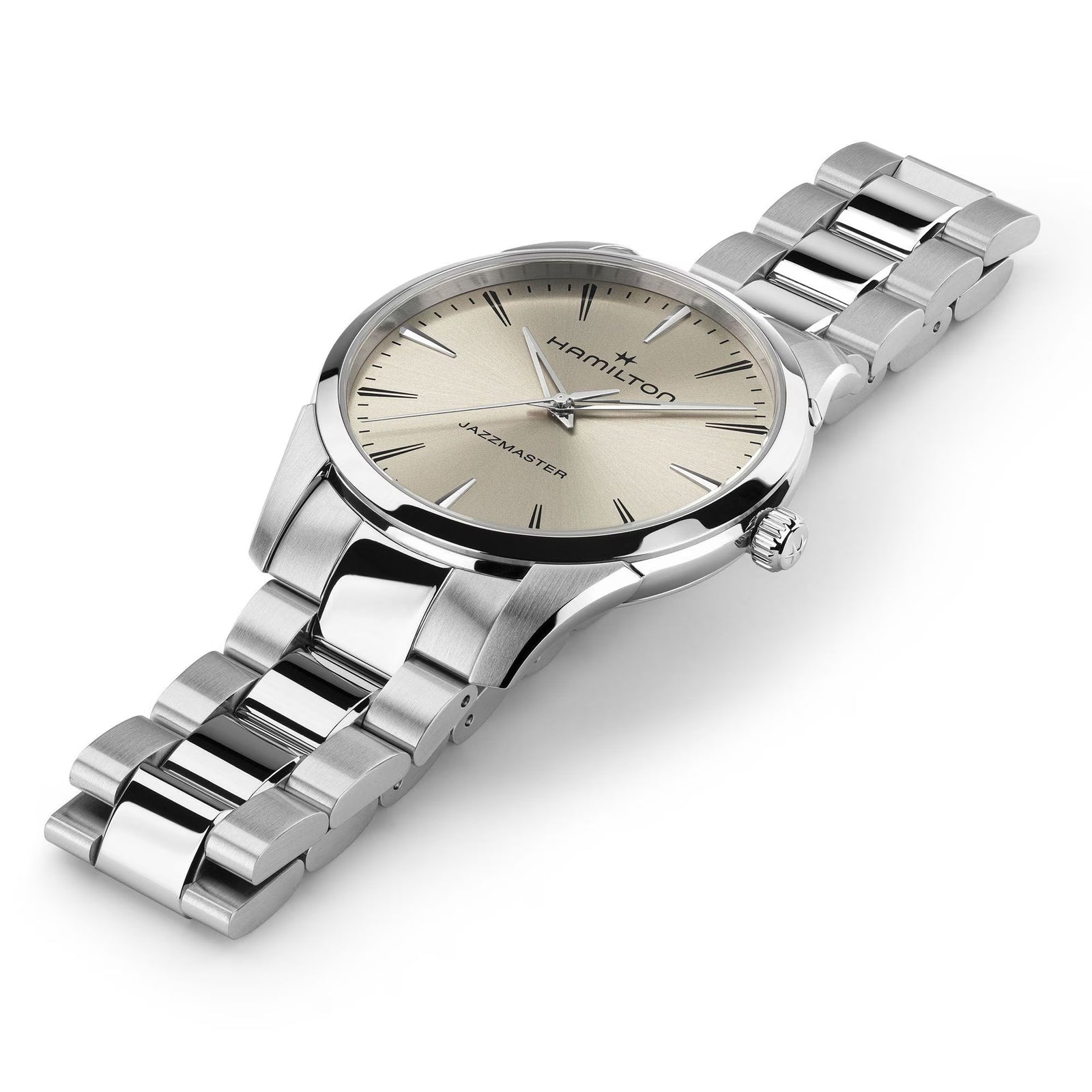 Silver Hamilton watch with a beige dial on a white background

Hamilton Jazzmaster Quartz 40mm H32461121 Bandiera Jewellers